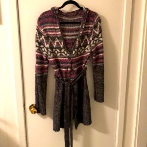 Scoopneck hooded knee length multicolor cardigan L